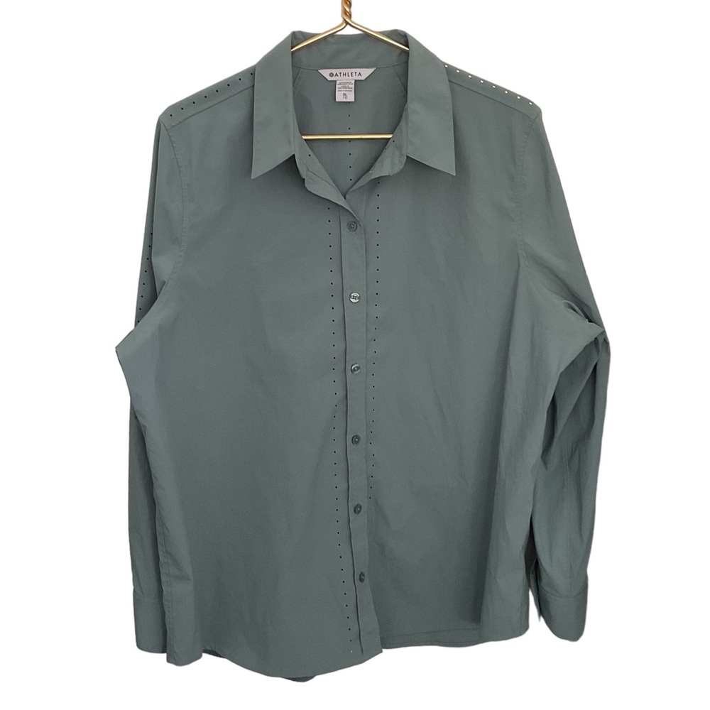 Athleta Midtown II Laser Cut Button Down Shirt Performance Lightweight Poplin